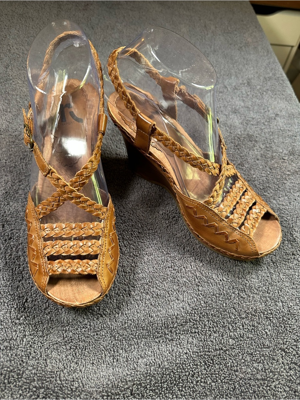 Report Brown Leather Braided Wedge Sandals Ankle Strap Heels